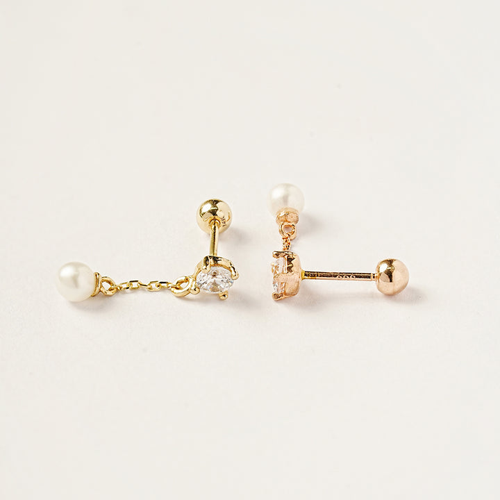 14K Gold Point Cubic Fresh Water Pearl Drop Cartilage Earring 20G18G16G