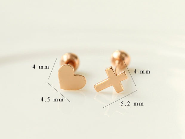 14K Gold Dainty Heart & Cross Cartilage Earring 18g16g