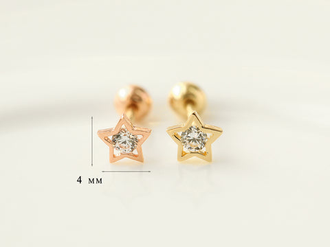 14K Gold Dainty Star CZ cartilage earring 20g