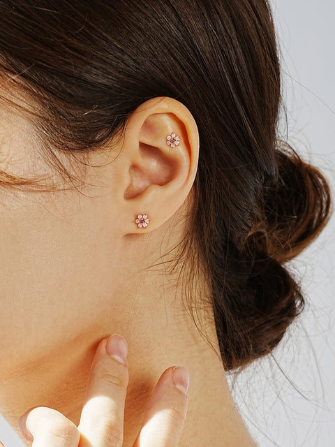 14K Gold Pink Opal Flower Cartilage Earring 20G18G16G
