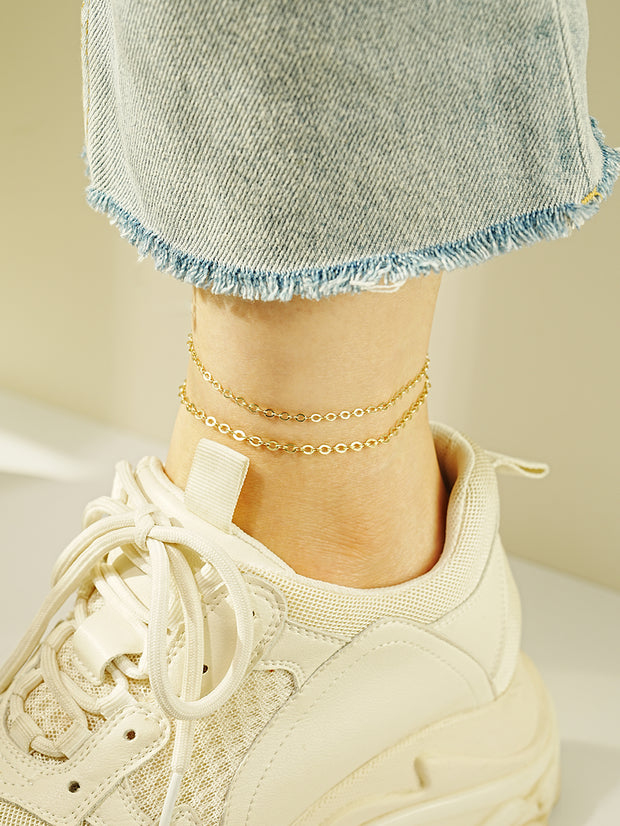 14K Gold Simple Flat Cable Chain Bracelet Anklet