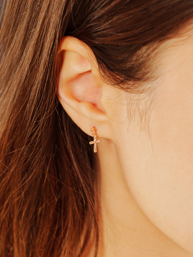 14K Gold Modern Cubic Cross Drop Cartilage Earring 20G