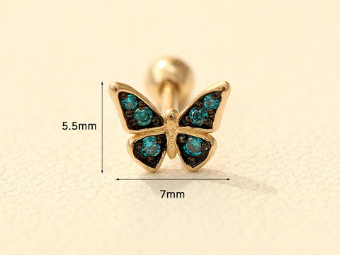 14K Gold Blue Cubic Butterfly Cartilage Earring 18G16G