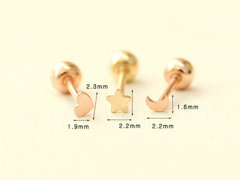 14K gold Tiny Heart Star Moon cartilage earring 20g