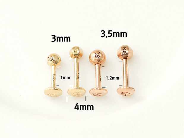 14K Gold Ball Tragus Labret Piercing 18G16G