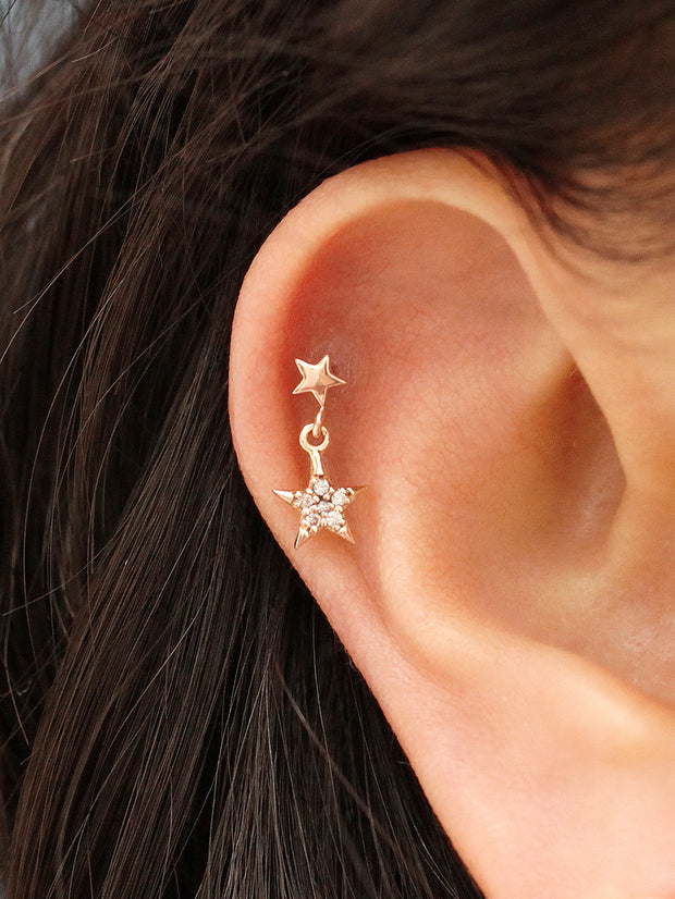 14K Gold Double Star Drop Cartilage Earring 18G