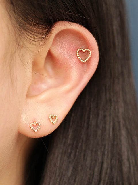 14K Gold Heart Bubble Balls Stud Earring