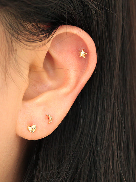 14K Gold Mini Heart,Star,Crescent Stud Earring