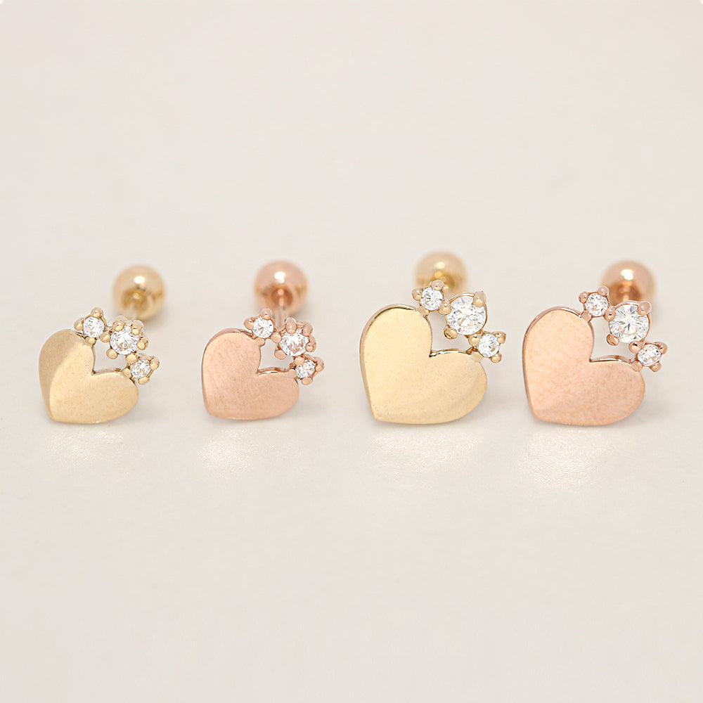 14K Gold Crown Cubic Heart Cartilage Earring 20G18G16G