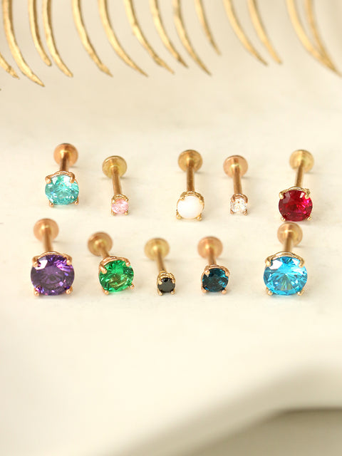 14K Gold 4 pronged colorful cubic Internally Threaded Labret Piercing 18G16G