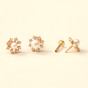 14K Gold Flower Cubic Pearl Internally Threaded Labret Piercing 18G16G