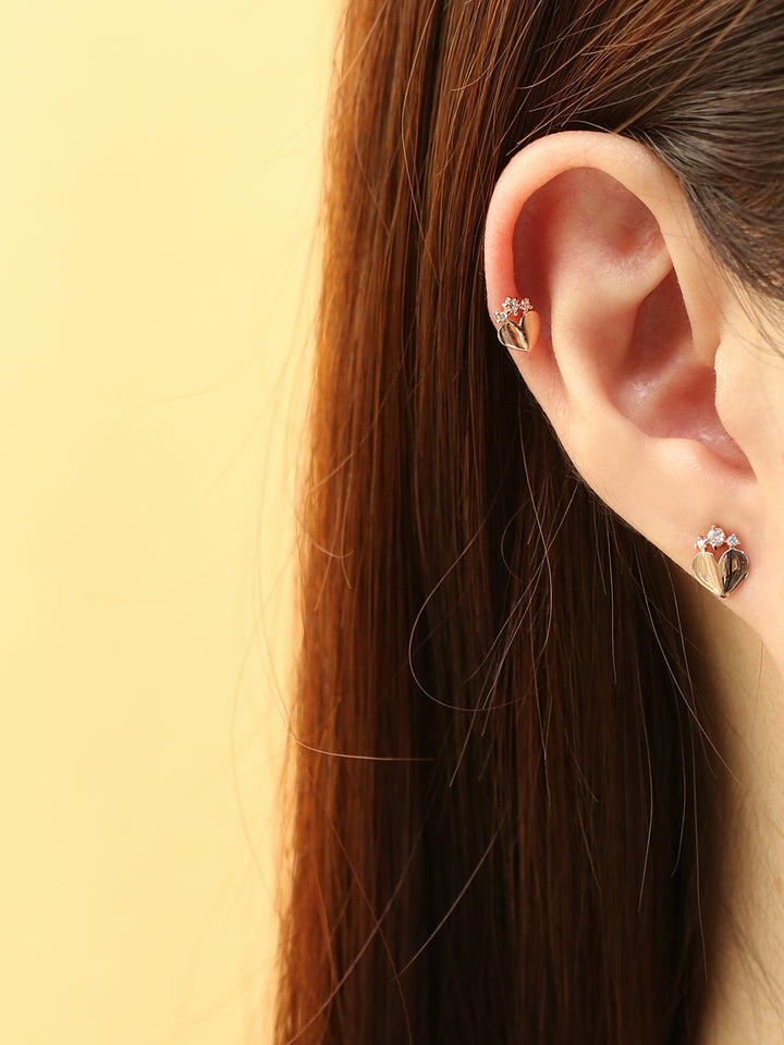 14K Gold Crown Cubic Heart Cartilage Earring 20G18G16G
