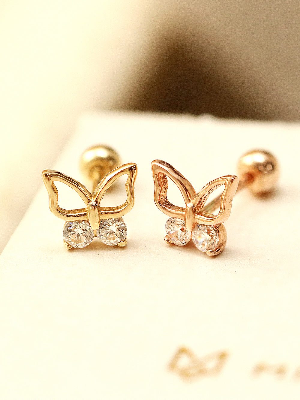 14K Gold Double CZ Butterfly Cartilage Earring 20G18G16G