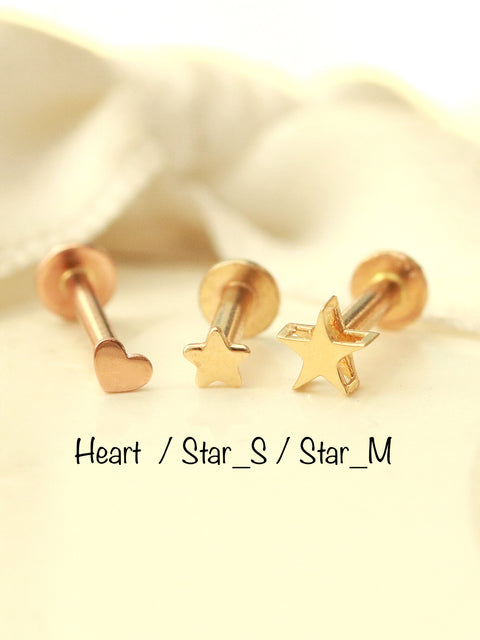 14K Gold Internally Threaded Mini Heart Star Labret Piercing 18G16G