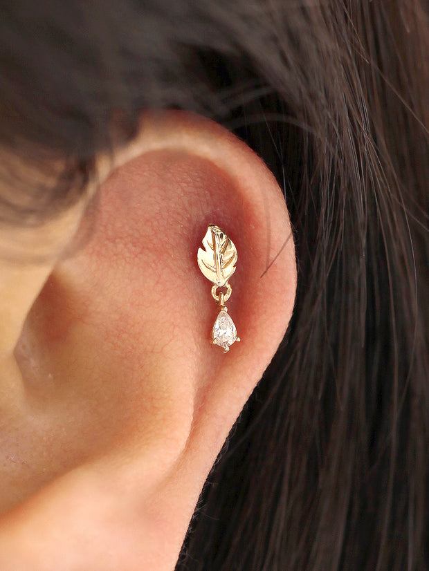 14K gold Teardrop Leaf cartilage earring 20g