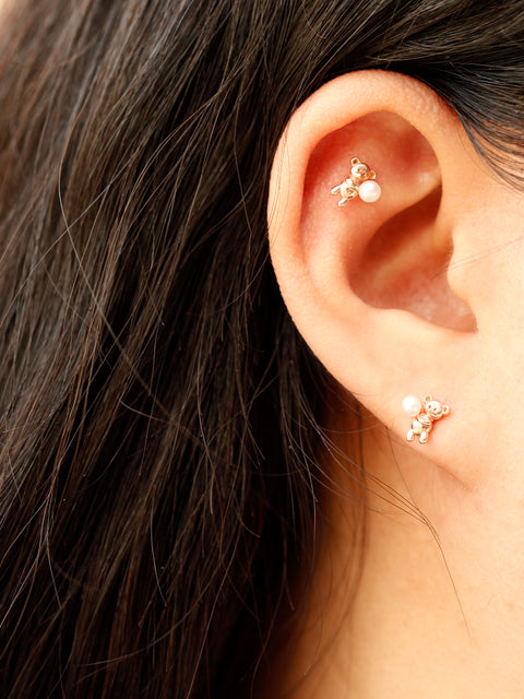 14K Gold Pearl Bear Cartilage Earring 18G16G