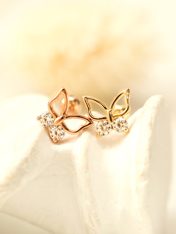 14K Gold Double CZ Butterfly Cartilage Earring 20G18G16G