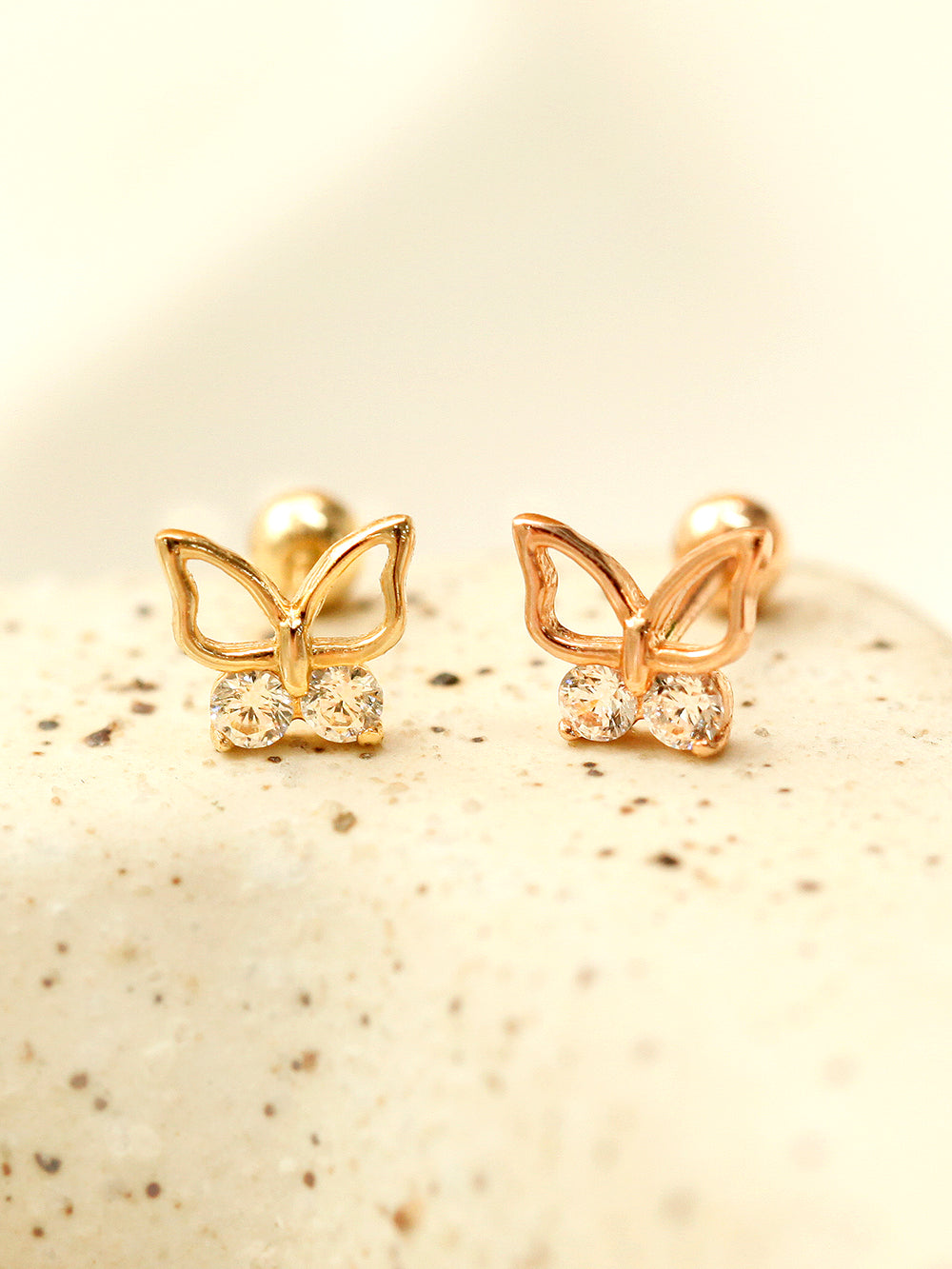 14K Gold Double CZ Butterfly Cartilage Earring 20G18G16G