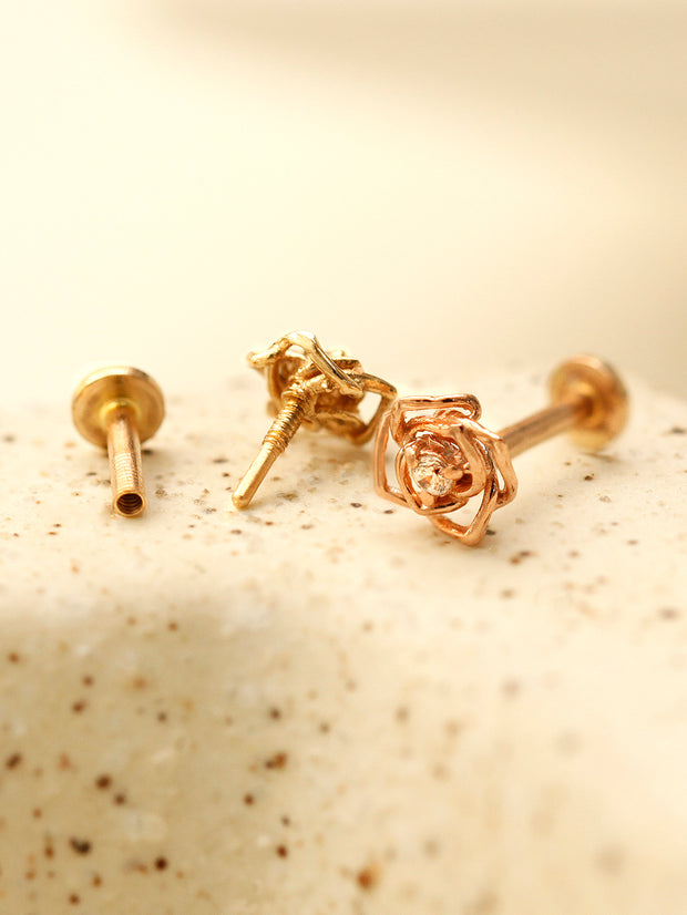 14K Gold Mini Cubic Rose Internally Threaded Labret Piercing 18G16G