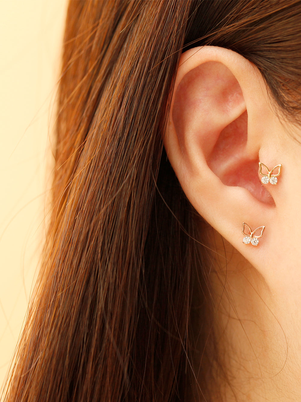 14K Gold Double CZ Butterfly Cartilage Earring 20G18G16G