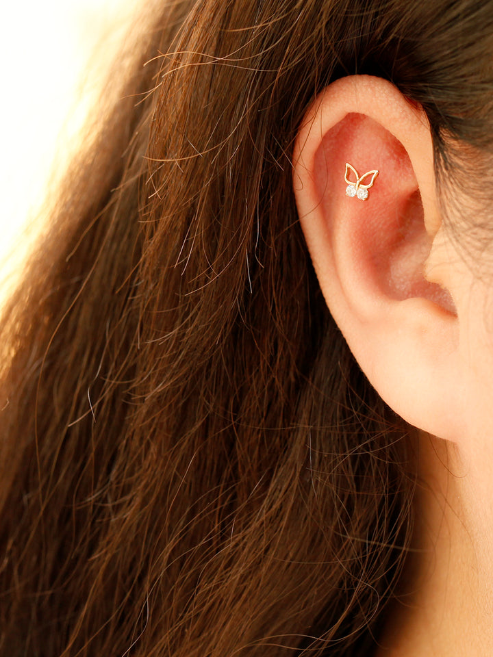14K Gold Double CZ Butterfly Cartilage Earring 20G18G16G
