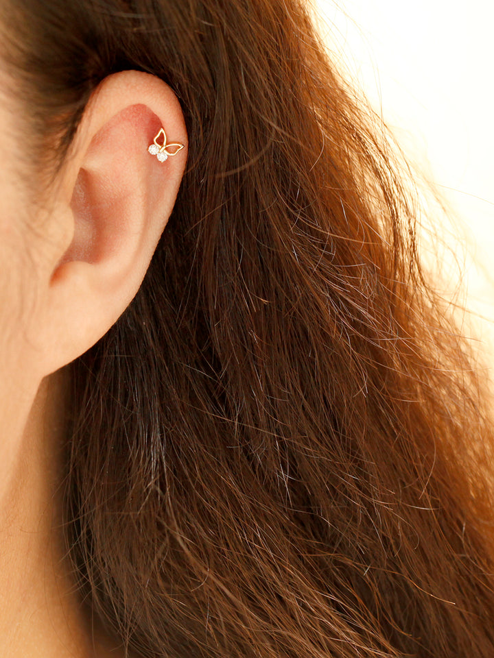14K Gold Double CZ Butterfly Cartilage Earring 20G18G16G