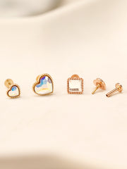 14K Gold Swarovski Stone Heart and Square Internally Threaded Labret Piercing 18G16G