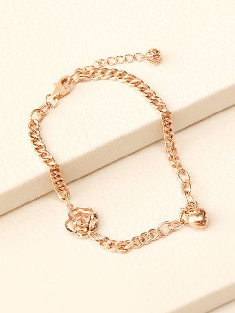 14K Gold Rose Heart Chain Bracelet