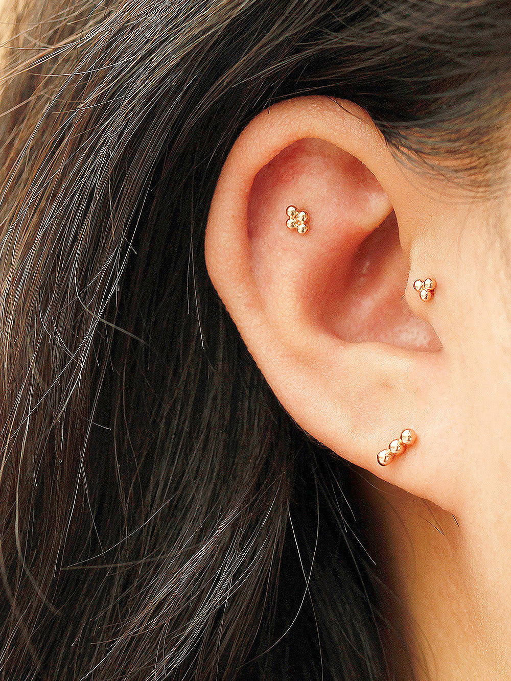 14K Gold Internally Threaded Triple Ball Tragus Labret Piercing