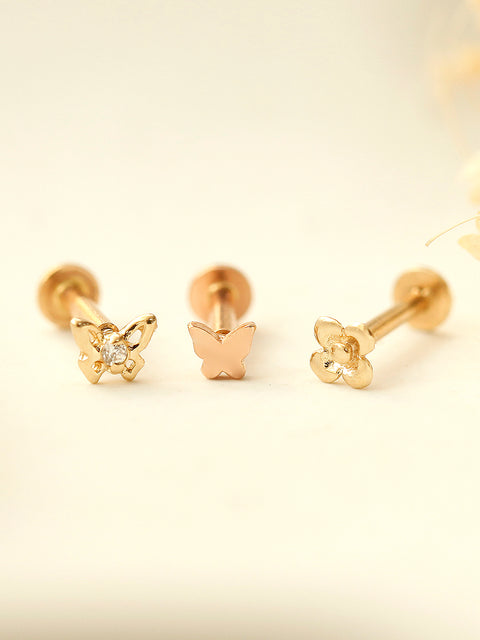 14K Gold Mini Butterfly & Flower Internally Threaded Labret Piercing 18G16G