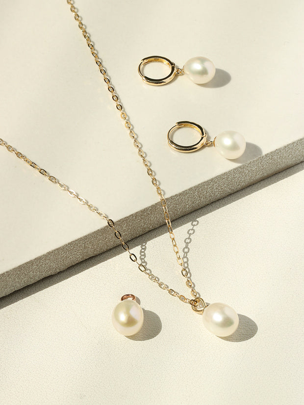 14K Gold Fresh Water Pearl Cartilage Hoop Earring and Necklace Pendant Set