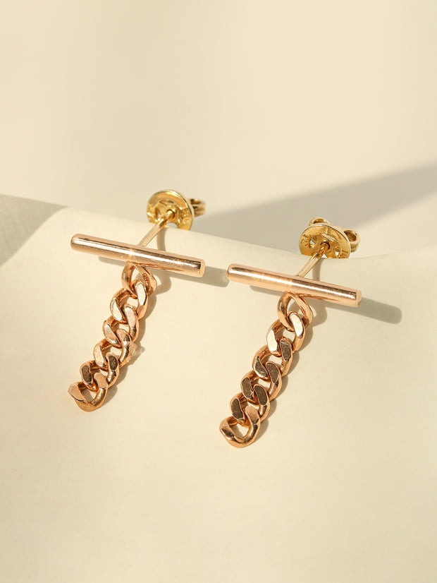 14K 18K Gold Stick Bar Drop Chain Stud Earring