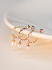 14K Gold Twisted Pearl Drop Half Ring Piercing Earring 20G18G16G