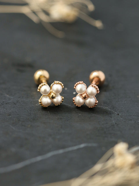 14K Gold Pearl Clover Cartilage Earring 20G