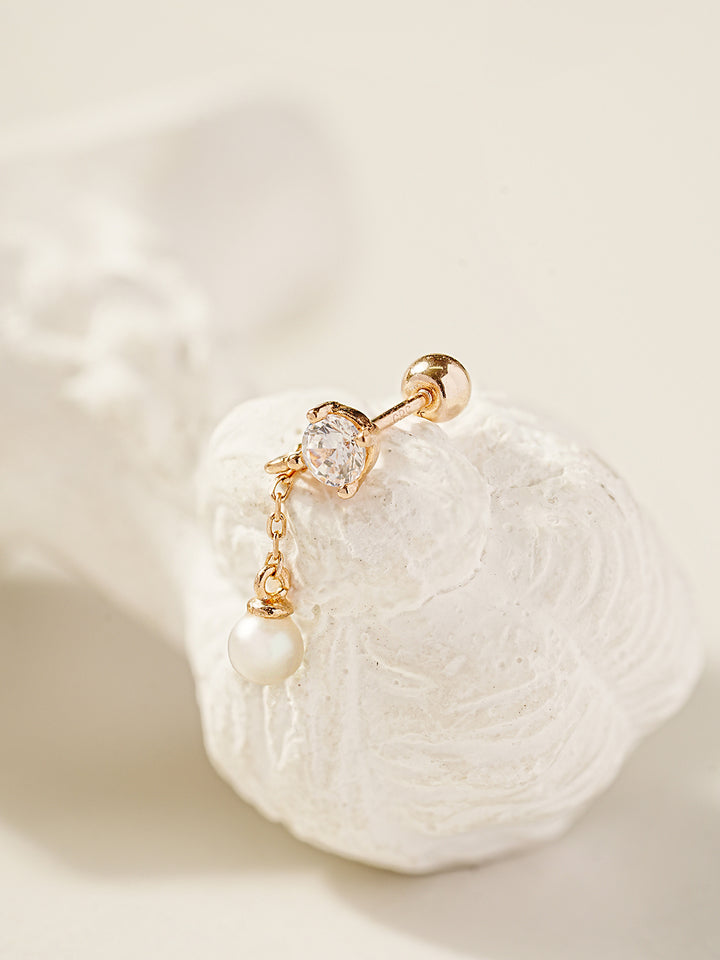 14K Gold Point Cubic Fresh Water Pearl Drop Cartilage Earring 20G18G16G