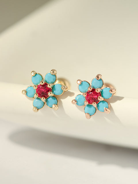 14K Gold Turquoise Cubic Flower Cartilage Earring 20G18G16G