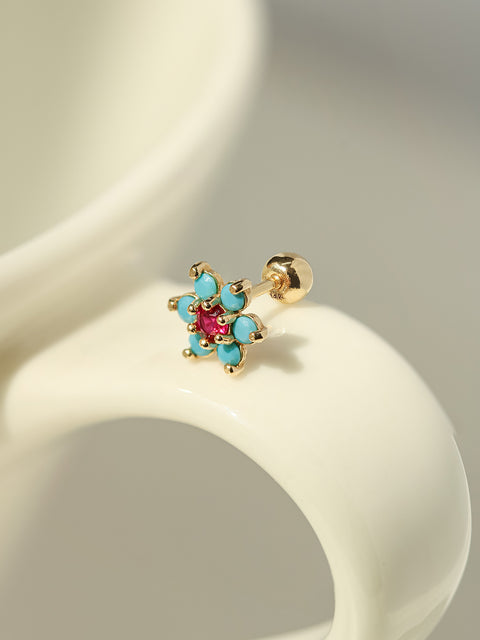 14K Gold Turquoise Cubic Flower Cartilage Earring 20G18G16G