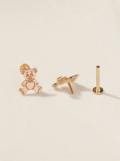 14K Gold Cartoon Teddy Bear Internally Threaded Labret Piercing 18G16G