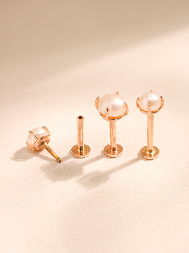 14K Gold Simple 4 Prongs Fresh Water Pearl Internally Threaded Labret Piercing 18G16G