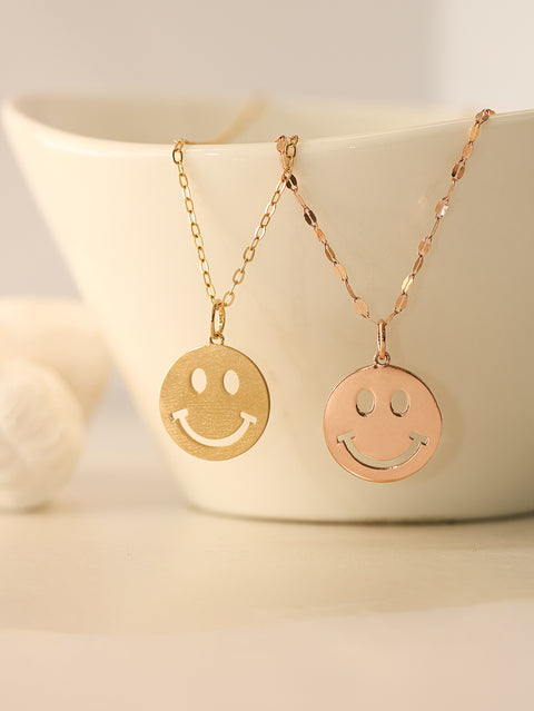 14K 18K Gold Happy Smile Face Pendant Necklace