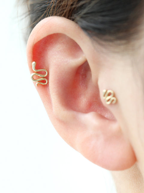 14K Gold Snake Cartilage Earring 18G16G