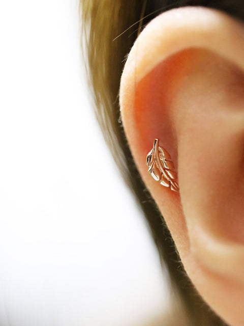14K Gold Leaf Cartilage Earring 18G16G