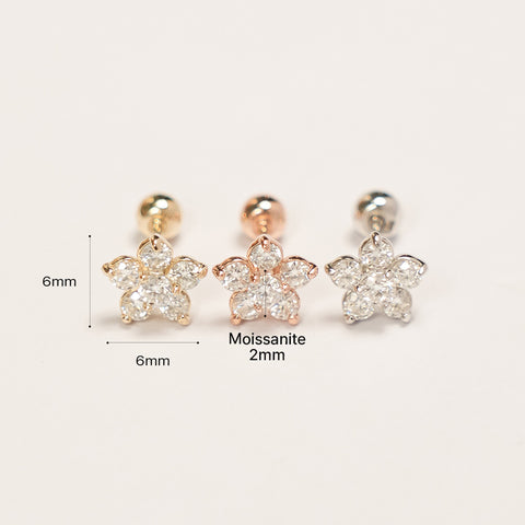 14K Gold Moissanite Flower Cartilage Earring 20G18G16G