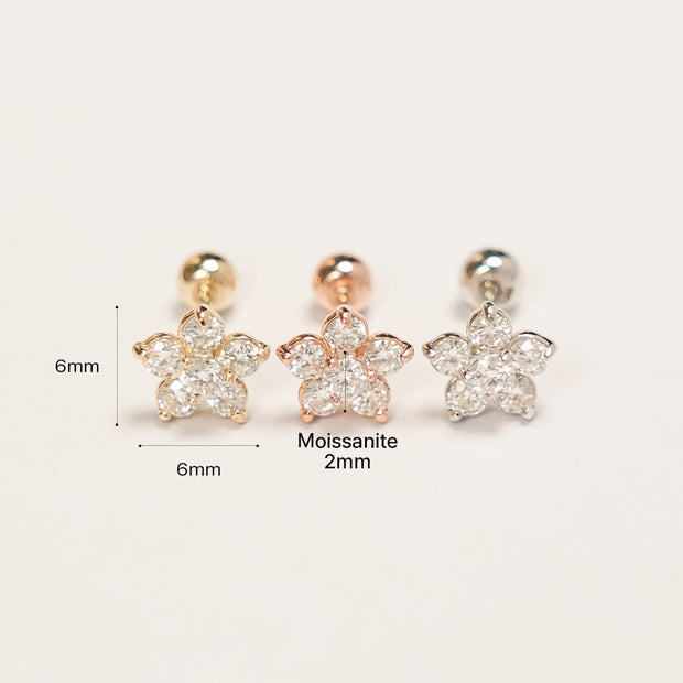 14K Gold Moissanite Flower Cartilage Earring 20G18G16G