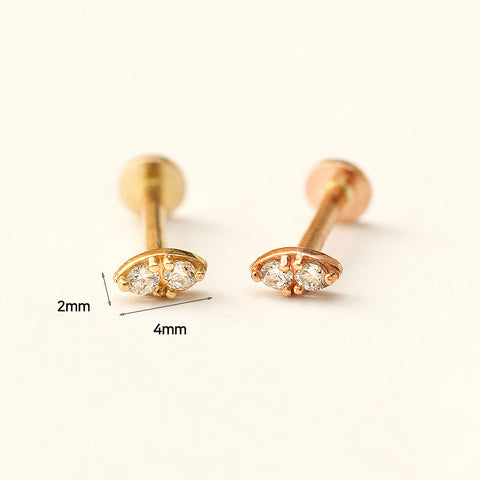 14K Gold Mini Double Cubic Internally Threaded Labret Piercing 18G16G