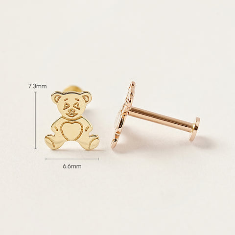 14K Gold Cartoon Teddy Bear Internally Threaded Labret Piercing 18G16G