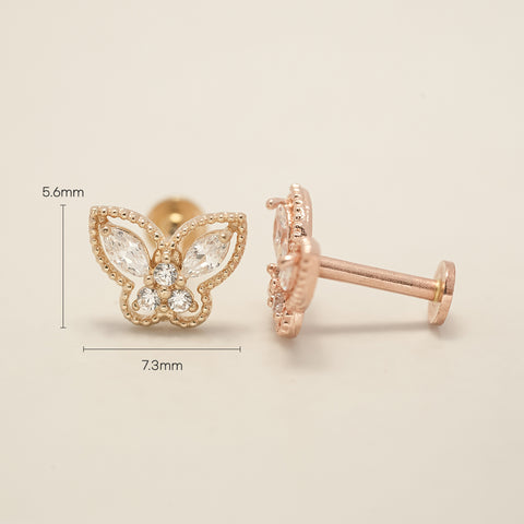 14K Gold Internally Threaded Crystal 3D Butterfly  Labret Piercing 18G16G