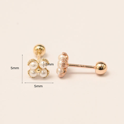 14K Gold Pearl Clover Cartilage Earring 20G