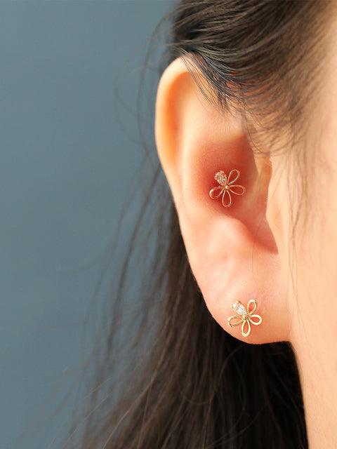 14K Gold Cubic Flower Cartilage Earring 20G18G