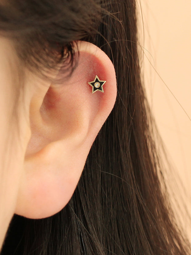 14K Gold Enamel Cubic Star Cartilage Earring 18G16G